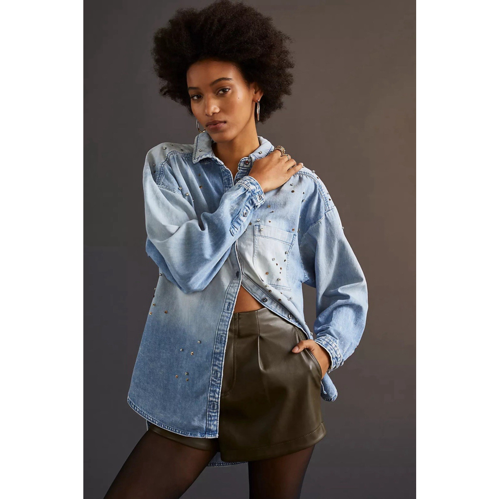 Anthropologie Pilcro Denim Bo Button Down L/S Shirt XXS Sequin Embellished EUC